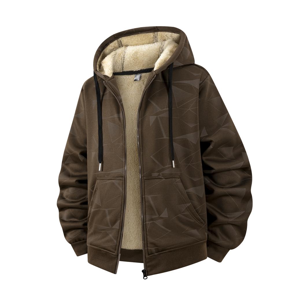 Autumn and Winter New Lamb Fleece Coat Men's Trendy Geometric Print with Thick Fleece Hoodie Jacket Hoodie