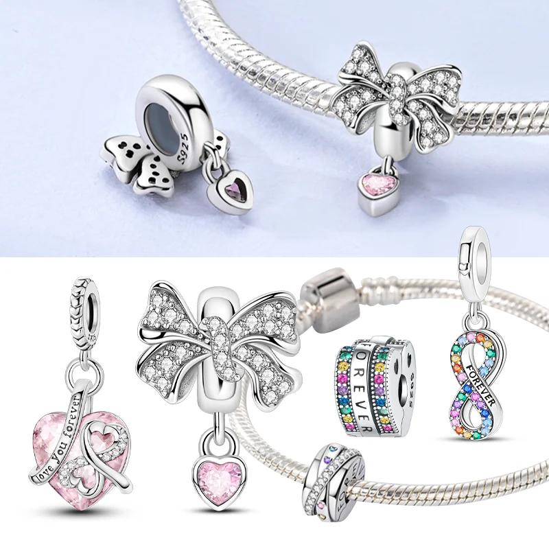 Copper Pink Heart-Shape Forever Love Charms Colorful Zircon Beads Pendant Fit Original Bracelet Diy Jewelry Gifts For Women