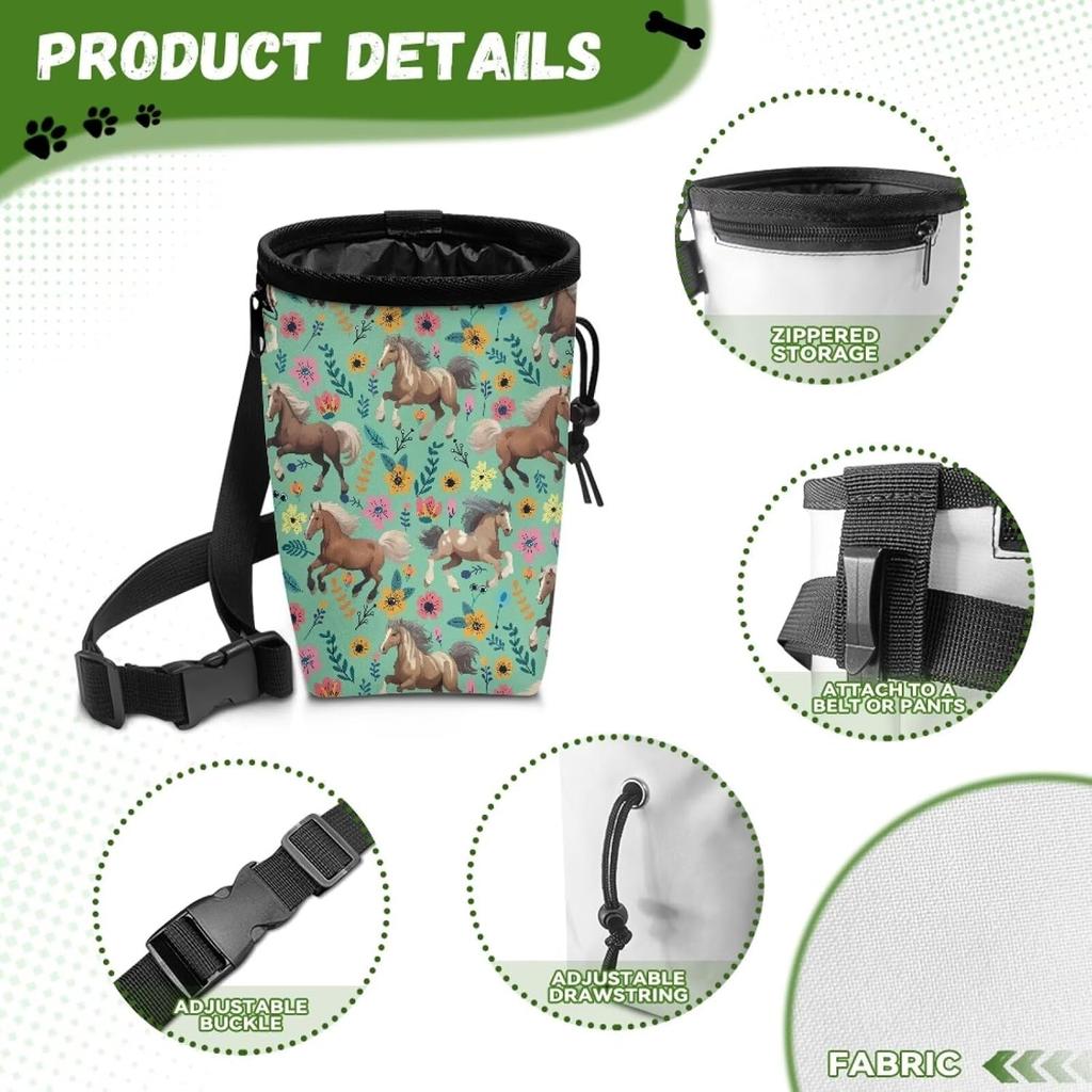 Horse Floral Dog Treat Pouch Versatile Puppy Dog Training Treat Bag Dog Food Dispenser Reward Pouch Perfect for Long Walks Or Training, 3 Ways To