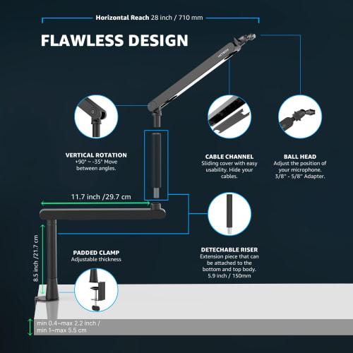 IXTECH Microphone Arm Desk Mount, Low-Profile Boom Arm, Adjustable Microphone Arm with Detachable Rise Column, Built-in Cable Management, 360 Rotatin