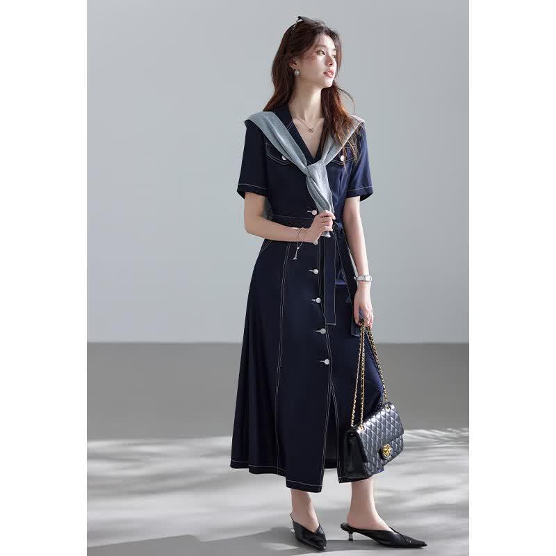 VICTORIA&VERA French Style Faux Denim Short Sleeve Maxi Dress
