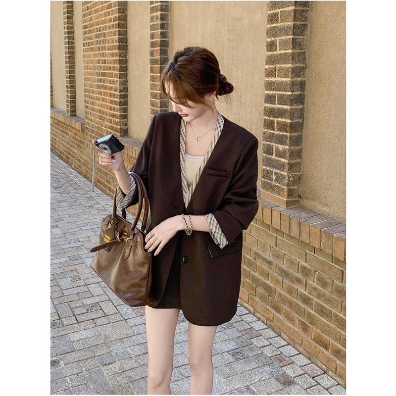 Vintage Elegant Slim Fit Blazer for Women Autumn Retro Office Jacket Petite Ladies Formal Coat