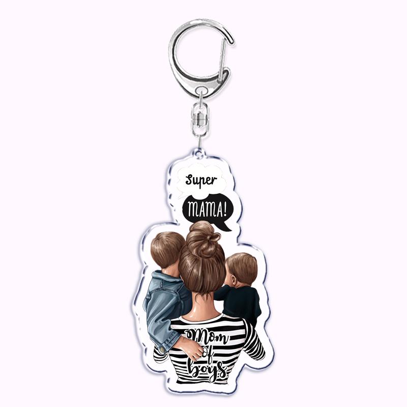 Cartoon Brown Hair Super Mama Mom Keychain for Accessories Bag Pendant Key Chain Ring Keychains Jewelry Mothers Fathers Day Gift