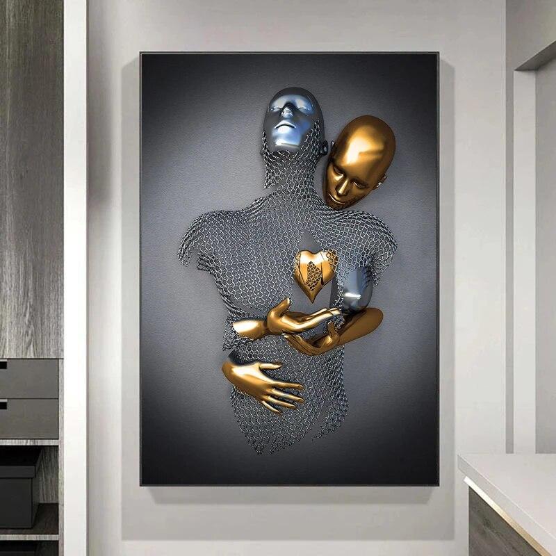 Metal Figure Statue Romantic Wall Art Abstract Painting On Canvas Lovers of Sculpture Posters Prints Paintings Living Room Home Decor