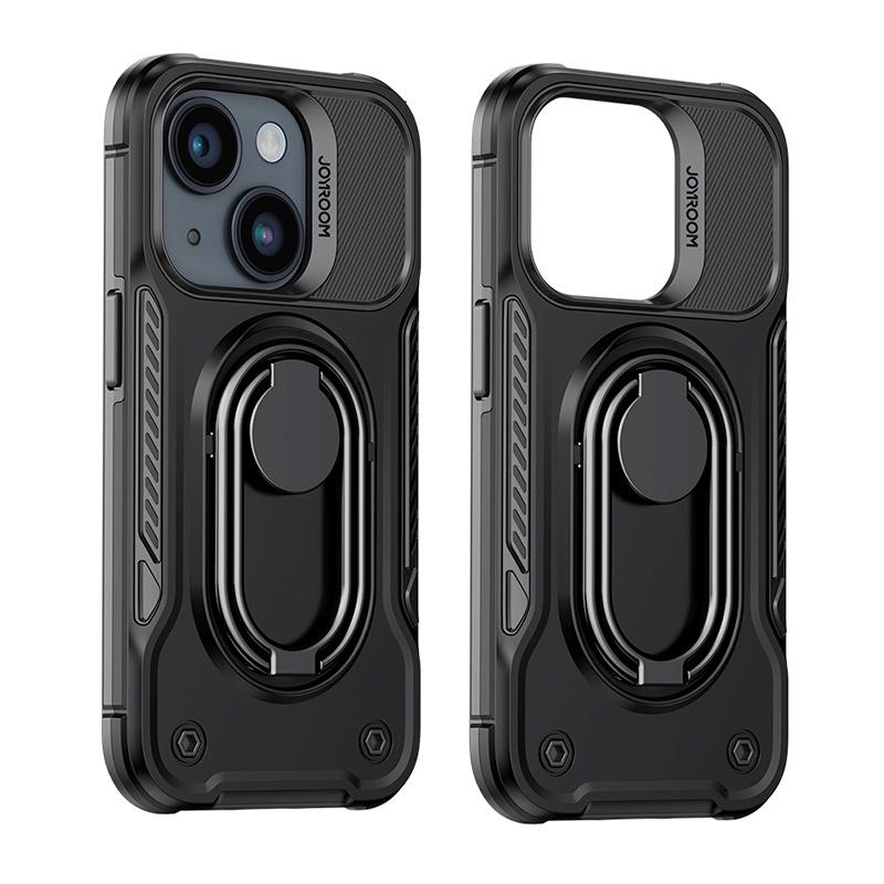 Joyroom Dual Hinge Case for iPhone 14 Plus - Rugged Black Cover with Built-in Stand and Ring Holder
