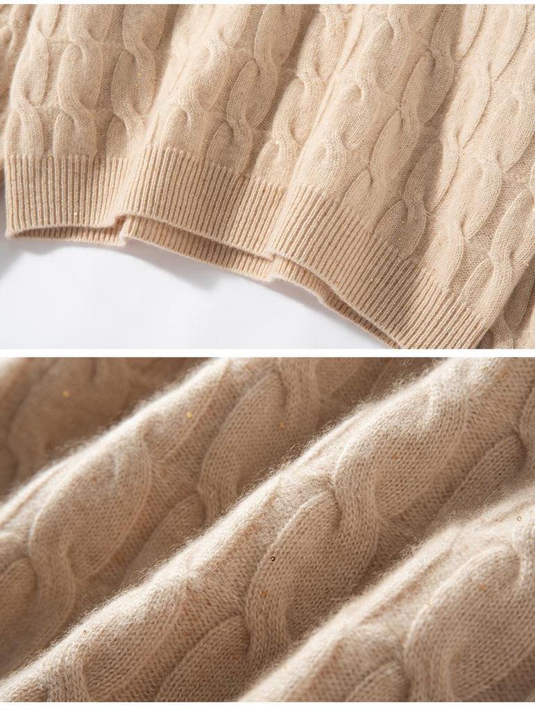 Women's V-Neck Loose Cable Knit Wool Sweater - Winter 2024 Casual Pullover Knitwear