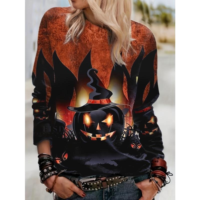 Women's Long Sleeve T-shirts Halloween Theme Black Cat Graphic Streetswear Polyester Tops Casual Pullover Women's Clothing