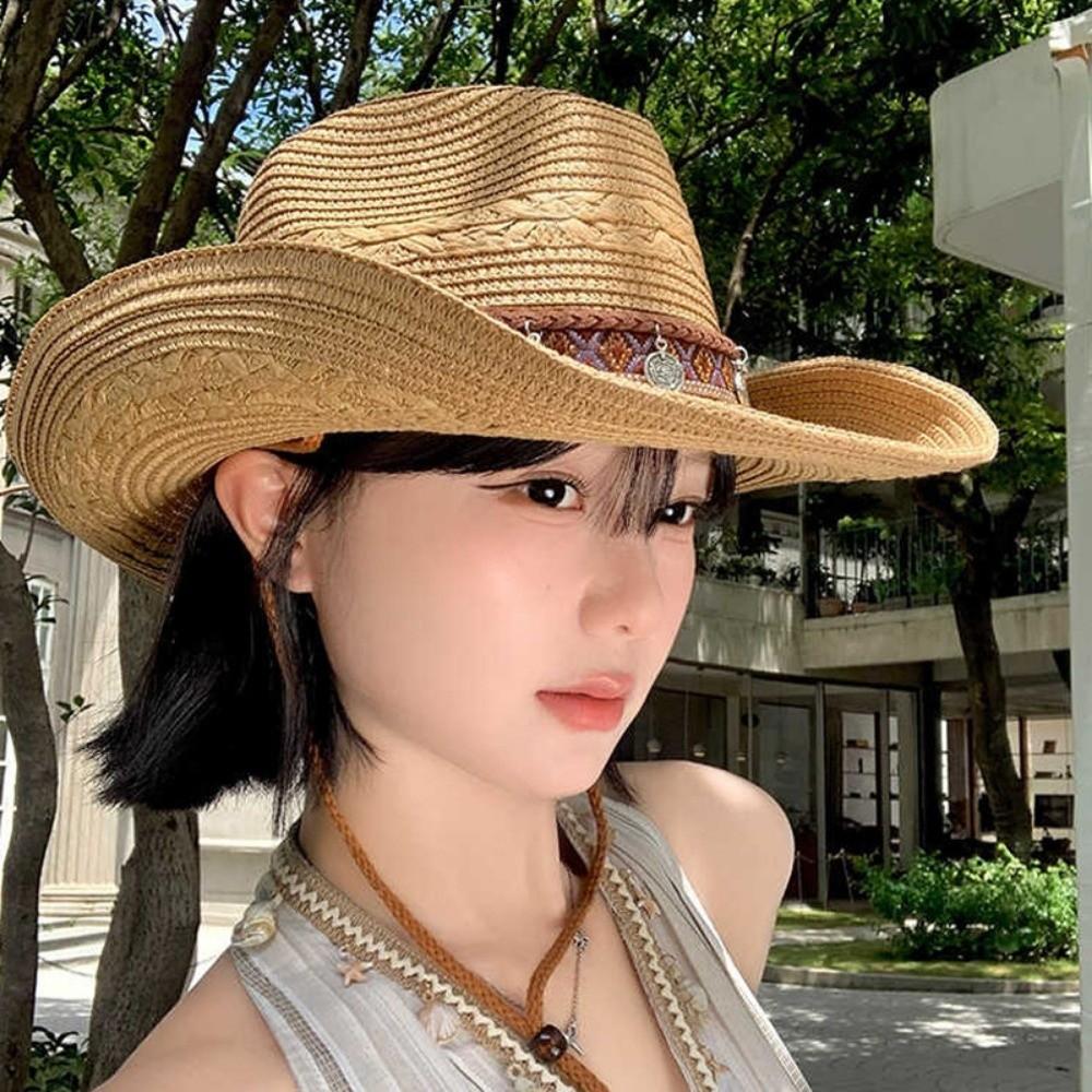 with Wind Lanyard Straw Cowboy Hat Wide Brim Panama Sun Hat Fashion Beach Hat Vacation