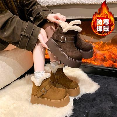 Thick-soled Heightening Belt Buckle Piled Thickened Snow Boots Women's Winter New Short Boots Lightweight Wool Cotton Shoes