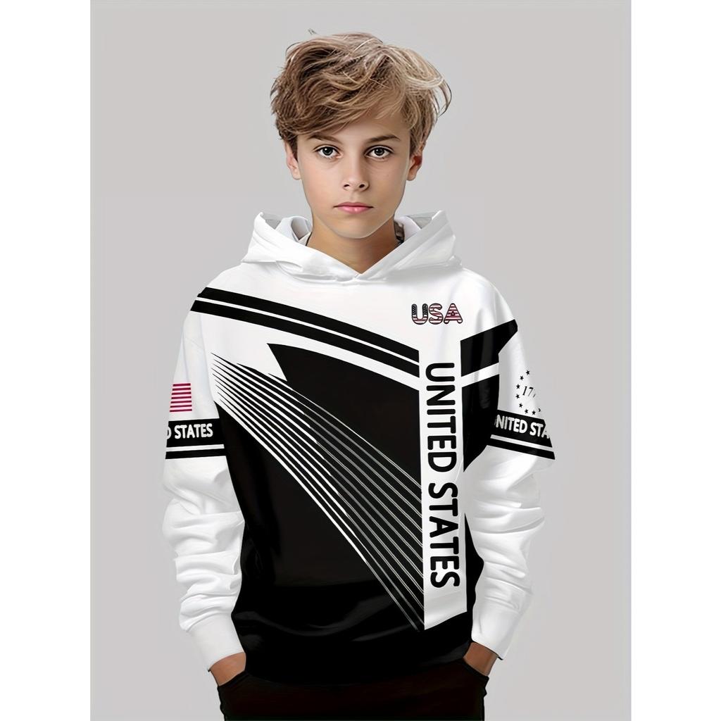 Boys' 3D printed casual pullover USA color blocked long sleeved sweatshirt, top hooded sweatshirt