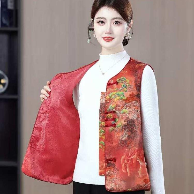 Women s Retro Chinese Style Jacquard Button-up Sleeveless Vest 2XL красный
