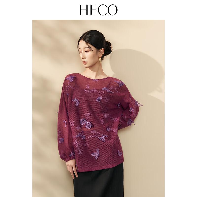 HECO Butterfly Embroidered Sheer Knit Blouse M