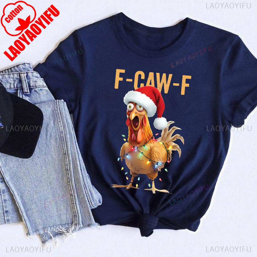 Funny Christmas Rooster UnisexS TShirt Black Short Sleeve with FCAWF Text  Rooster in Santa Hat with Lights Festive Clothing