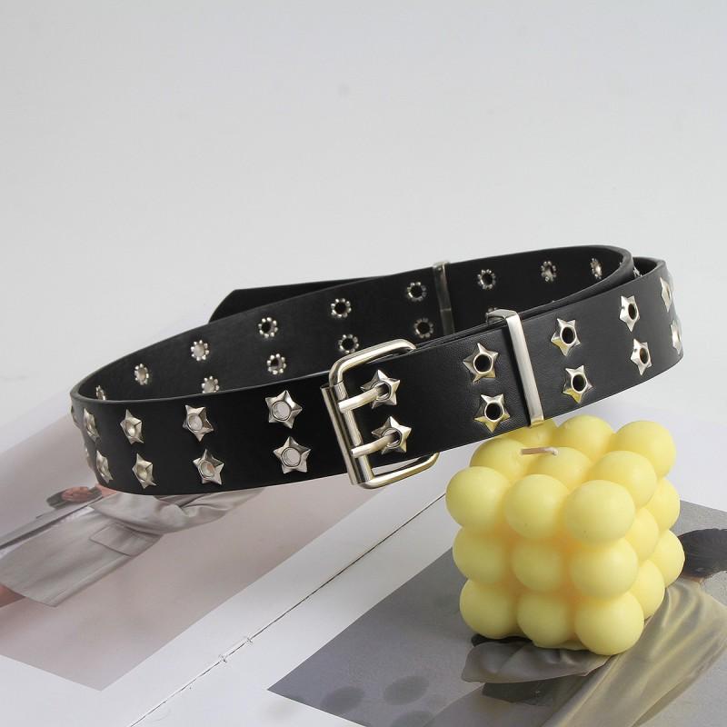 Punk Style Women Men Black Faux Leather Belt With Metal Chain Decor Double Row Buckle Casual Jeans Accessory