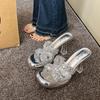 35-42 Large Size High-heeled Slippers Crystal and Waterproof Table 2025 Summer New Sexy One-character Drag