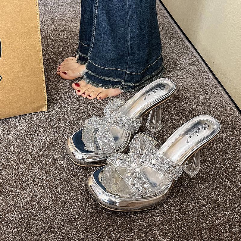 35-42 Large Size High-heeled Slippers Crystal and Waterproof Table 2025 Summer New Sexy One-character Drag