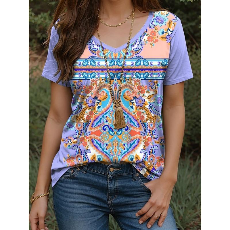 Yazlık Kadın Retro Etnik Baskılı Tişört V Yaka Kısa Kollu Sokak Günlük Üstler Aralarından Seçilebilecek Çoklu Stil ve Beden