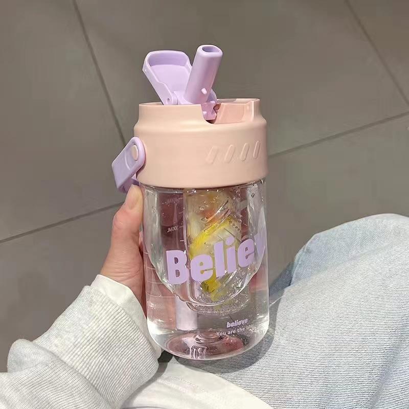 600ml Large Capacity Sports Water Bottle With Hidden Straw Portable Sealed Leak-Proof Plastic Space Cup Outdoor Travel Camping