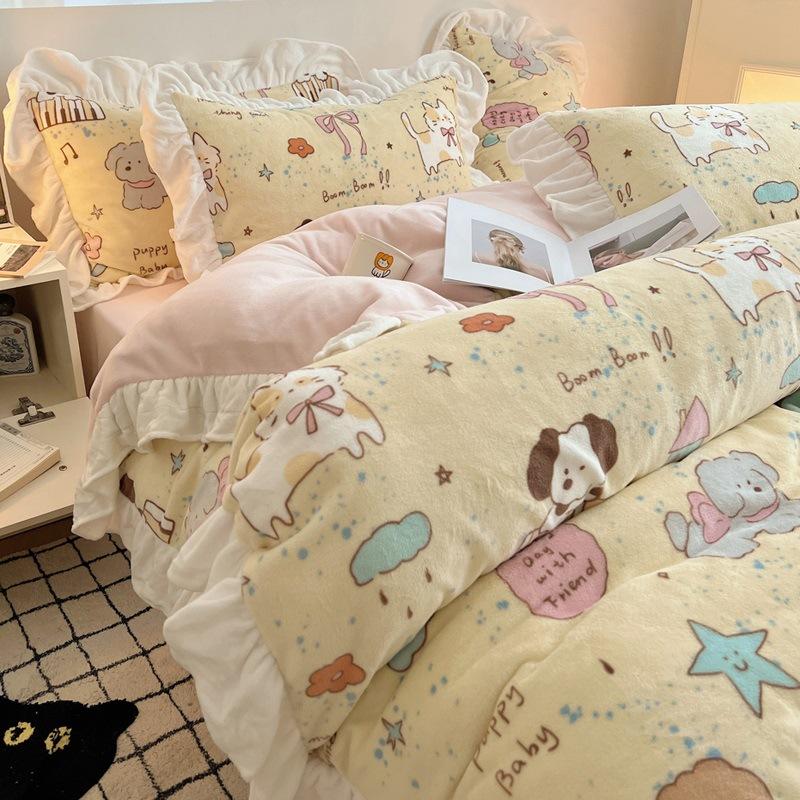 Thickened Milk Fleece Bed Four-Piece Set, Cute Lace Coral Fleece Quilt Cover, Fleece Bed Sheet Three-Piece Set