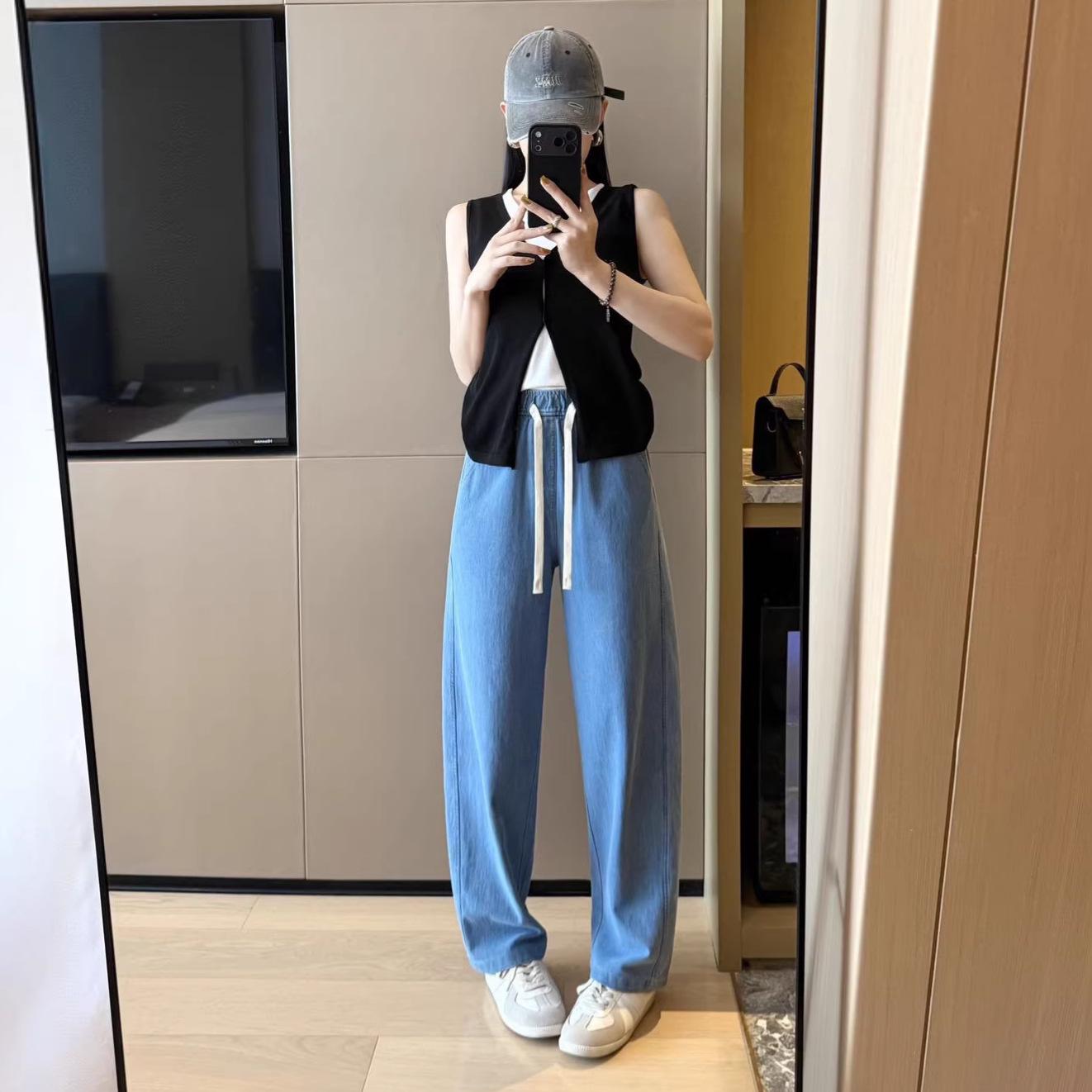 

Women s High Waist Drape Denim Pants - Drawstring, Slim Fit, Korean Style, Spring/Summer Fashion Medium синий