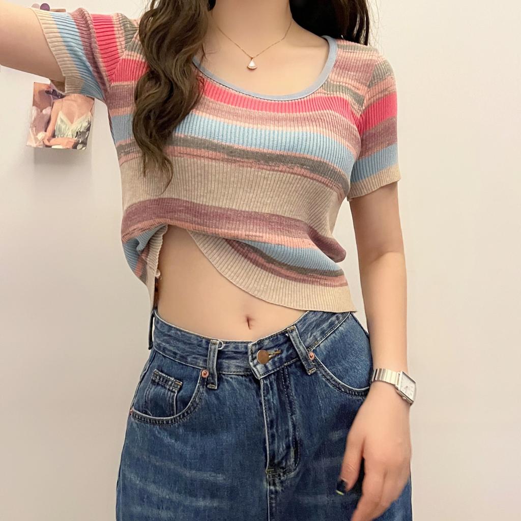 Sweet and Spicy Square Neck Striped Knit Shirt Female Summer Year Slim Thin Positive Shoulder Short Section Short-sleeved Tops Casual Pullovers Tees