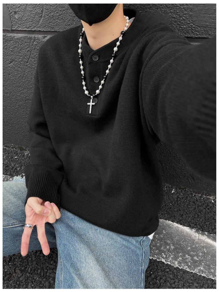 Men's High-End Retro Henley Collar Long Sleeve Knit Sweater for Autumn and Winter