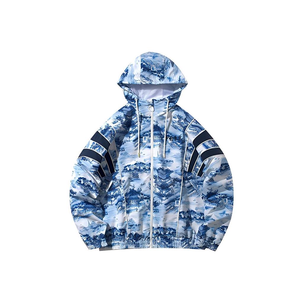Li Ning Fashion Loose Sports Jacket With Blue And White Porcelain Print Men Jacket AFDQ145-1