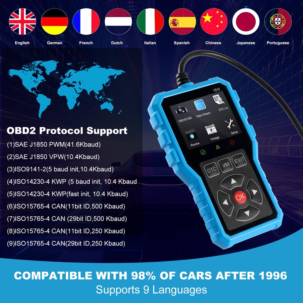 V510 OBD2 Diagnostic Scanner Auto Car Code Reader And Scanner Vehicles' Health Inspection Tool