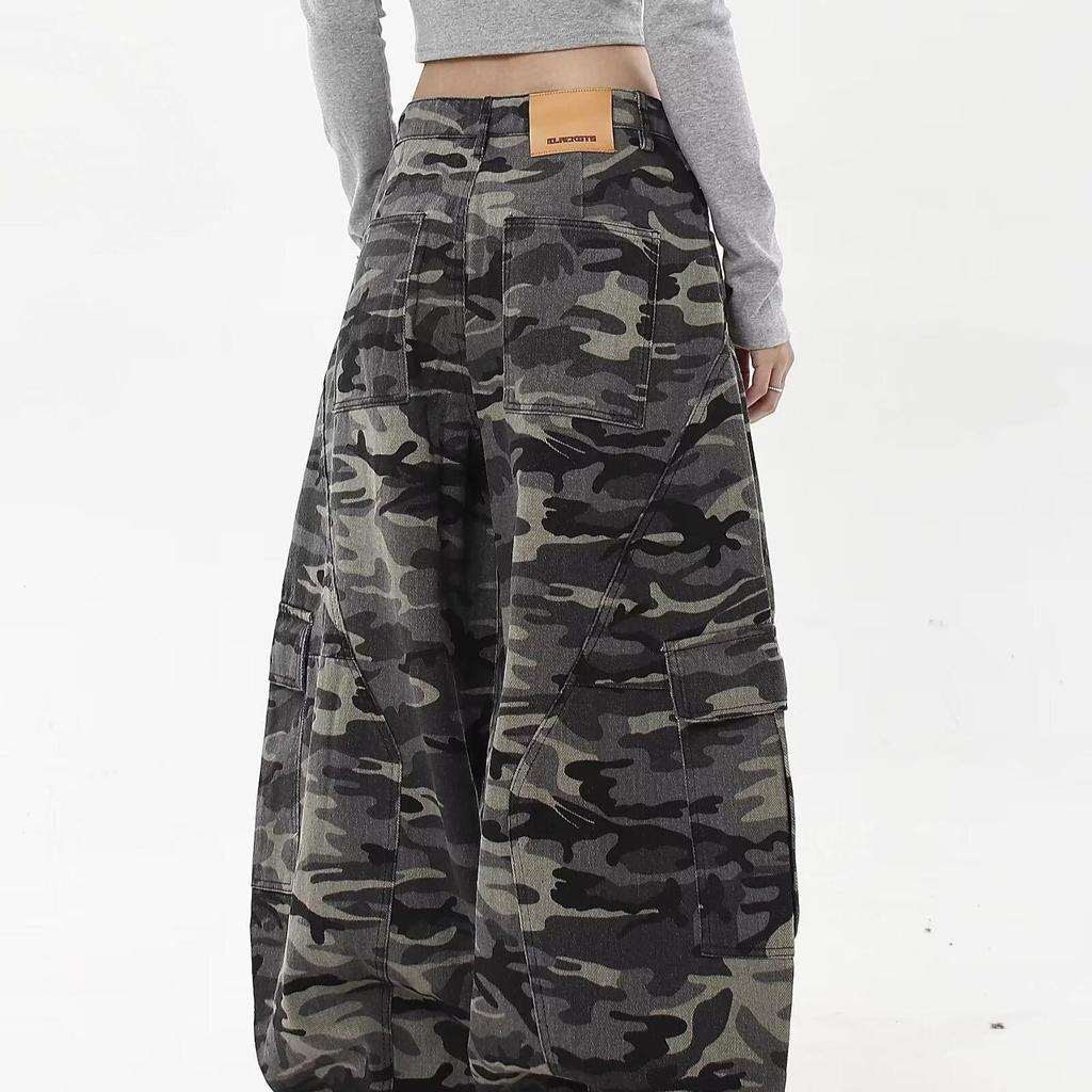 Unisex American Retro Camouflage Cargo Pants, Spring/Autumn 2024, Loose Fit, Multi-Pocket, Washed Style