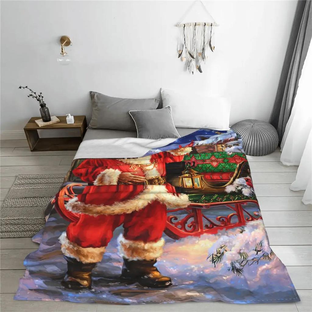 Christmas-Santa-Claus Blankets Nordic Merry Christmas New Year Wool Throw Blanket Summer Air Conditioning Lightweight Bedspreads