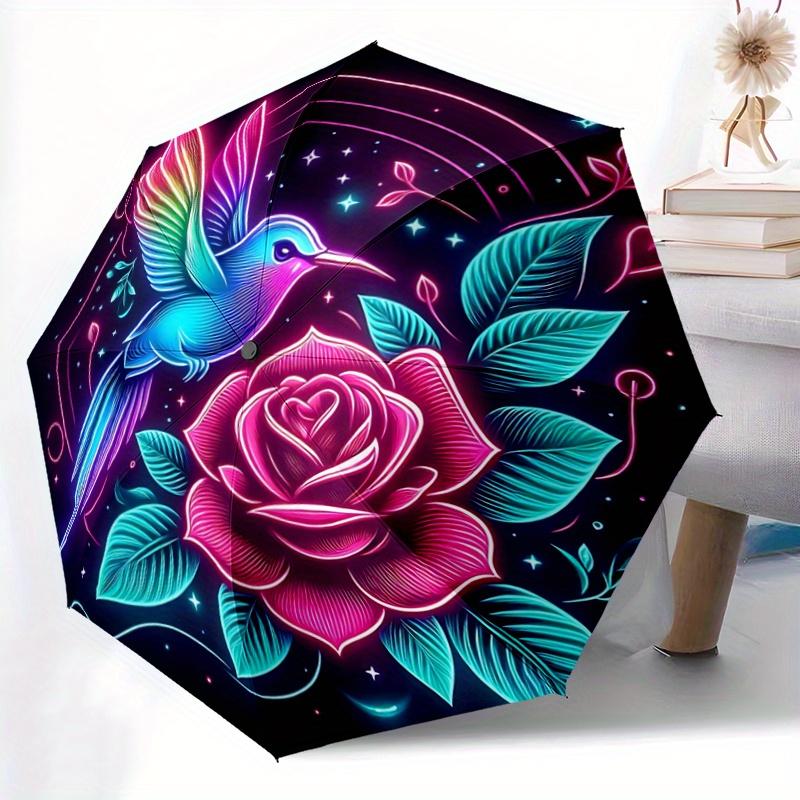 1pc Neon Hummingbird and Rose Automatic Opening and Closing Umbrella - Small Umbrella Suitable for Various Occasions R079