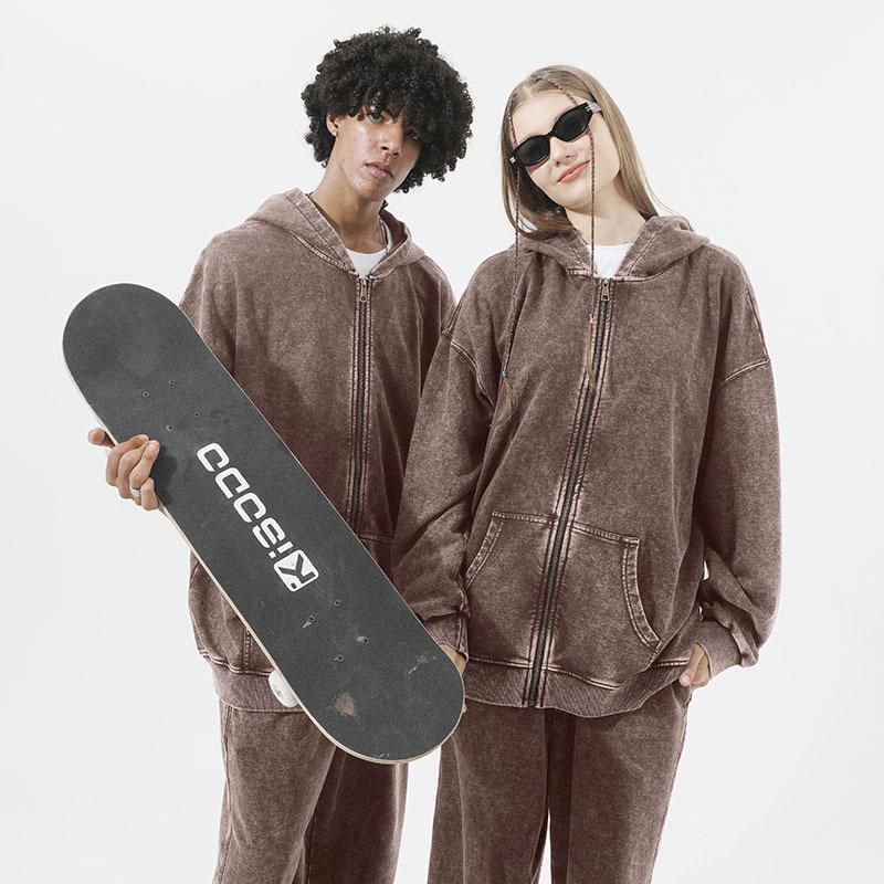 Oversized 350g Cotton Distressed Zip-Up Hoodie - Large, Drop Shoulder, Retro Washed Terry Cardigan