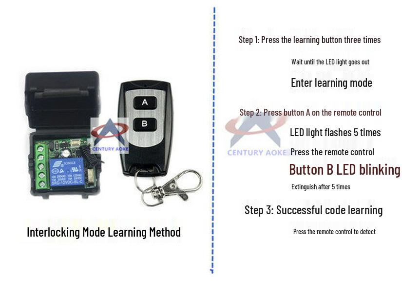 DC 12V Single Channel Learning Remote Control Switch, Long-Range 315/433 MHz, A-On B-Off