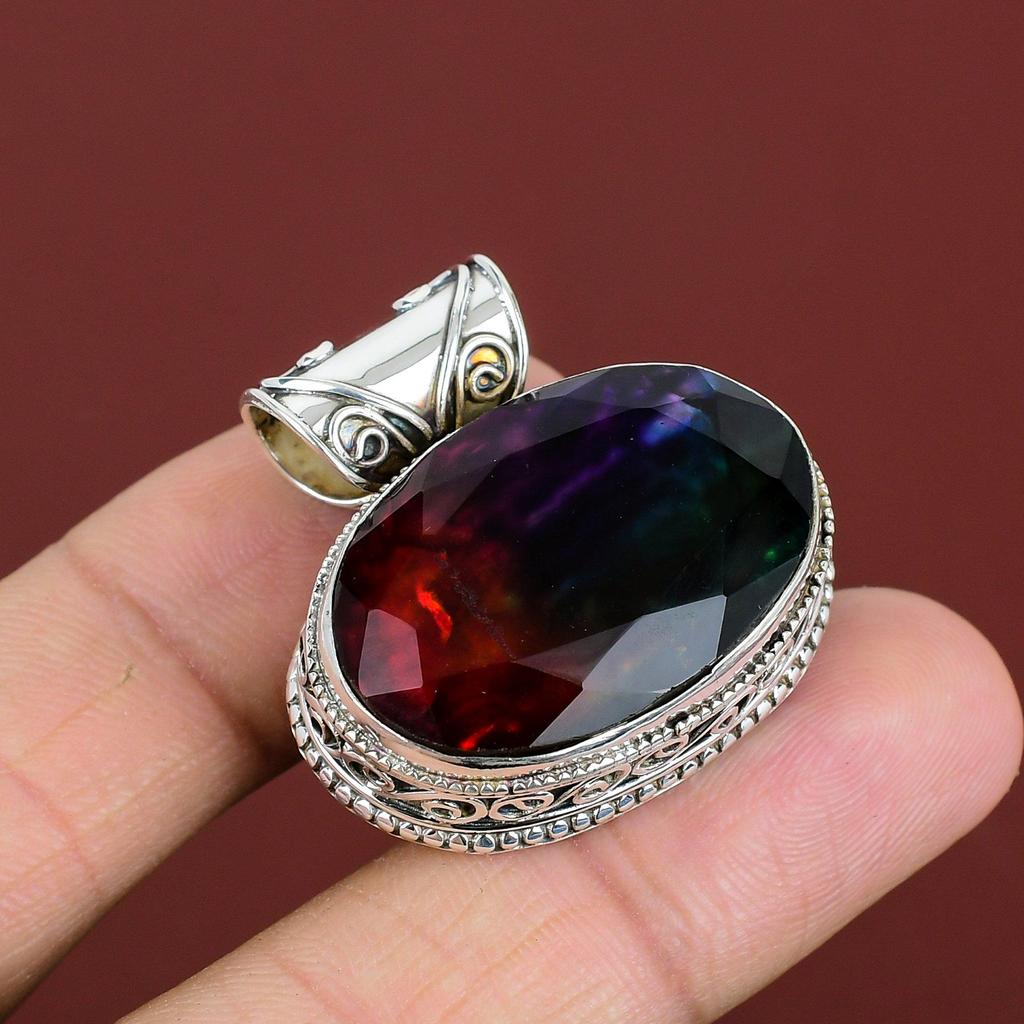 Faceted Ammolite Pendant Gemstone Pendant Handmade Antique Jewelry 925 Sterling Silver Pendant Vintage Pendant Gifts For Him Elegant Jewelry