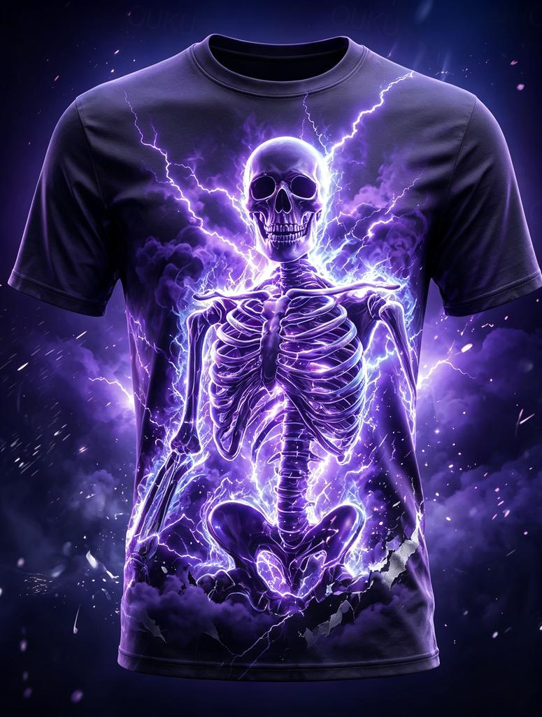 Men’s Fiery Lava Glowing Skeleton Crack Rock 3D Horror Print Crew Neck Lightweight Gothic Street Casual Short Sleeve T Shirt