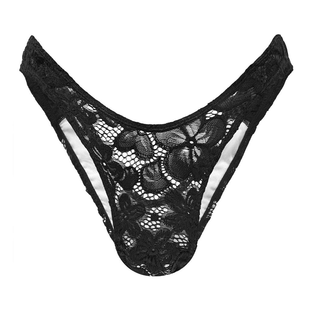 LittleForBig Men's T-Back Low-Waisted Briefs with Cute Ribbon Decorations and a Floral Mesh Design, Black, Size S