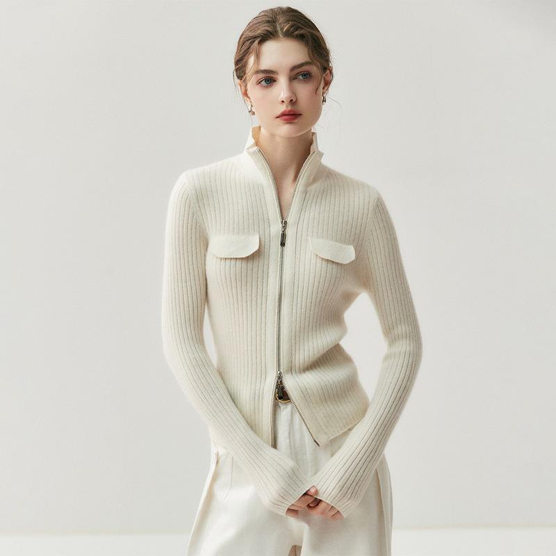 Women's Slim Fit Cashmere Cardigan with Double Zipper - Warm Lapel Knitwear for Autumn/Winter.