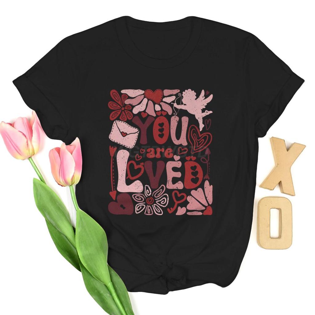 You Are Loved Graphic T Shirts Women Boho Valentine Floral Design Womens Clothing Valentines Day Heart Coquette Retro Tee Top