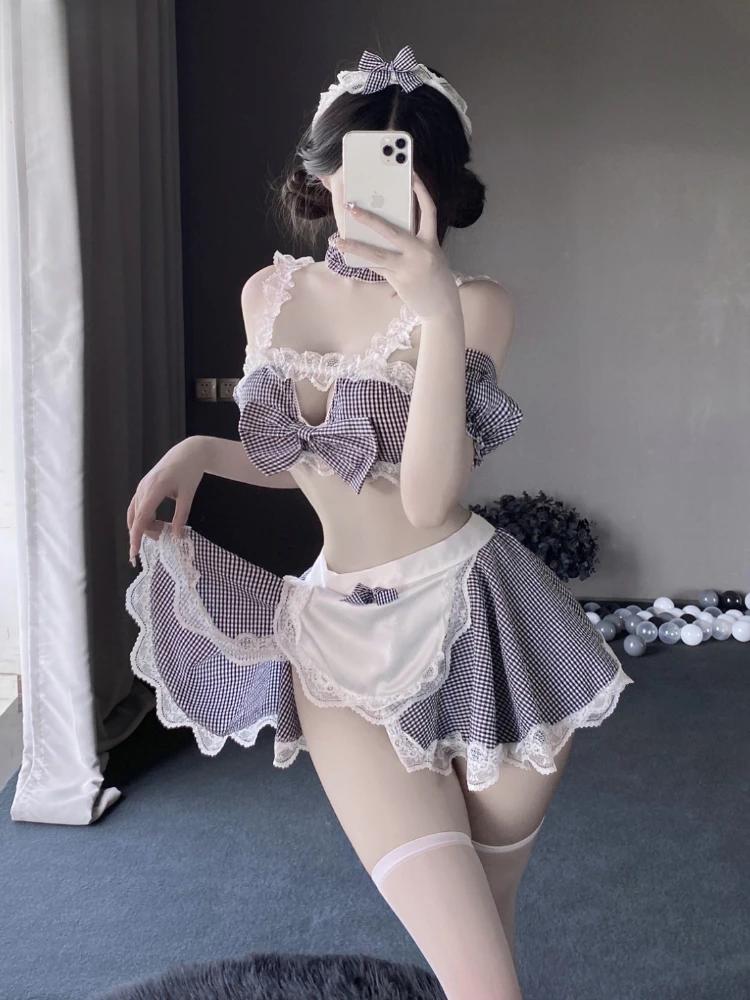 Women Chemise Sexy Lingerie Open Chest Crotchless Short Skirt Lace Transparent Exotic Maid Party Dress Cosplay Erotic Costumes