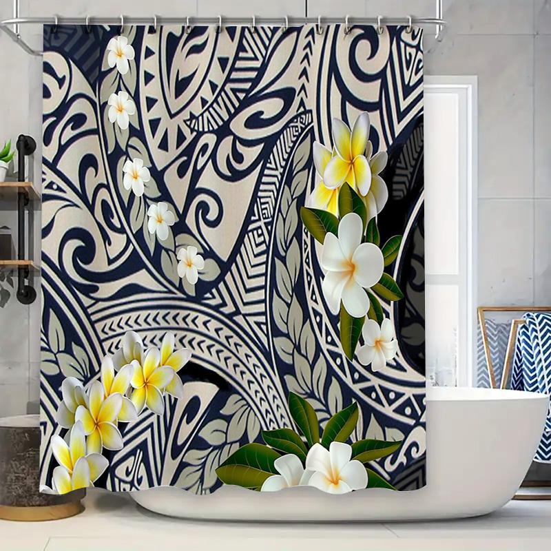 

Polynesian Shower Curtain Tropical Floral Ocean Wave Pattern Bathroom Decor Waterproof Fabric W60H190(CM)-1 Pcs