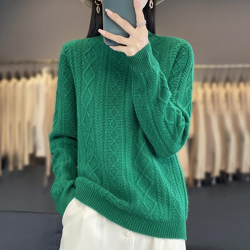 Solid Colour Half High Neck Threaded Stranded Flower Top Women's Pullover Knitted Sweater Tide