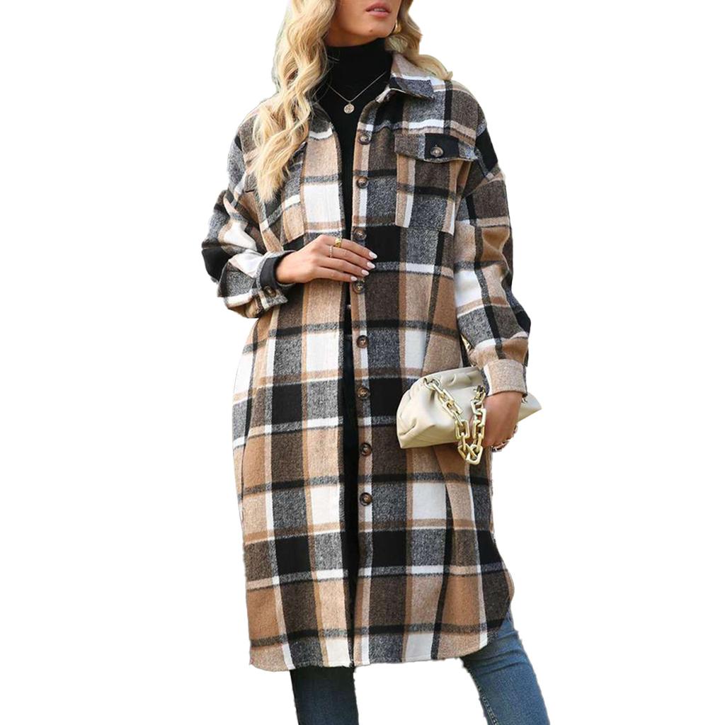 Płaszcz Damski w Kratę z Rozcięciem na Dole, Kołnierzykiem Wykładanym, Jednorzędowy Zapinany na Guziki, Luźny z Kieszeniami, Koszula Kurtkowa Zielony