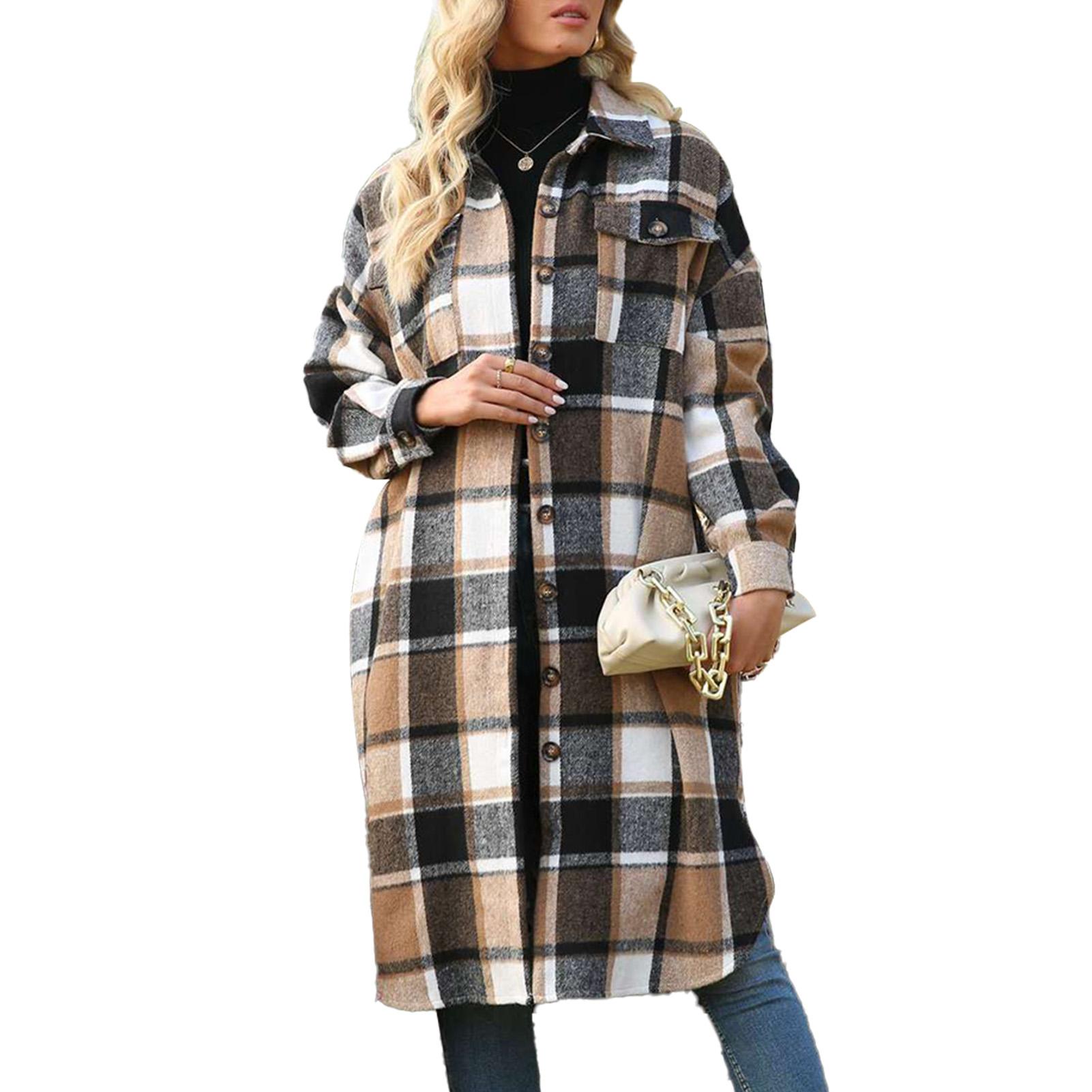 

Женское пальто с клетчатым принтом, разрезом по низу, отложным воротником, однорядными пуговицами, свободным жакетом с карманами, зеленого цвета XXL хаки