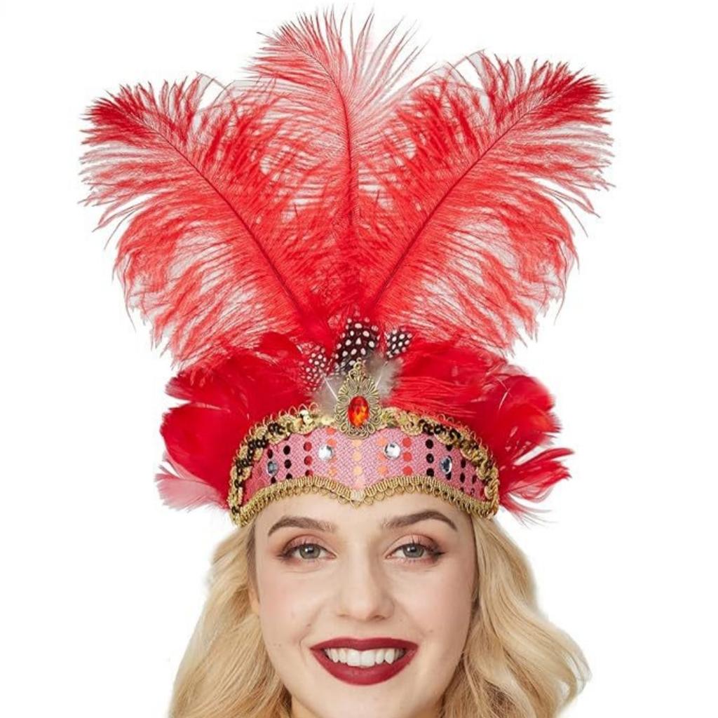Women Carnival Crystal Crown Feather Headpieces 1920s Flapper Headband Show Girl Feather Headdress Mardi Gras Accessories