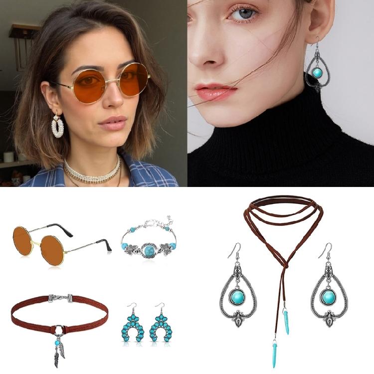 Bohemian Turquoise Jewelry Set Western Turquoise Jewelry Set Drop Earrings Bracelet Headband Sunglass,Choker Necklace