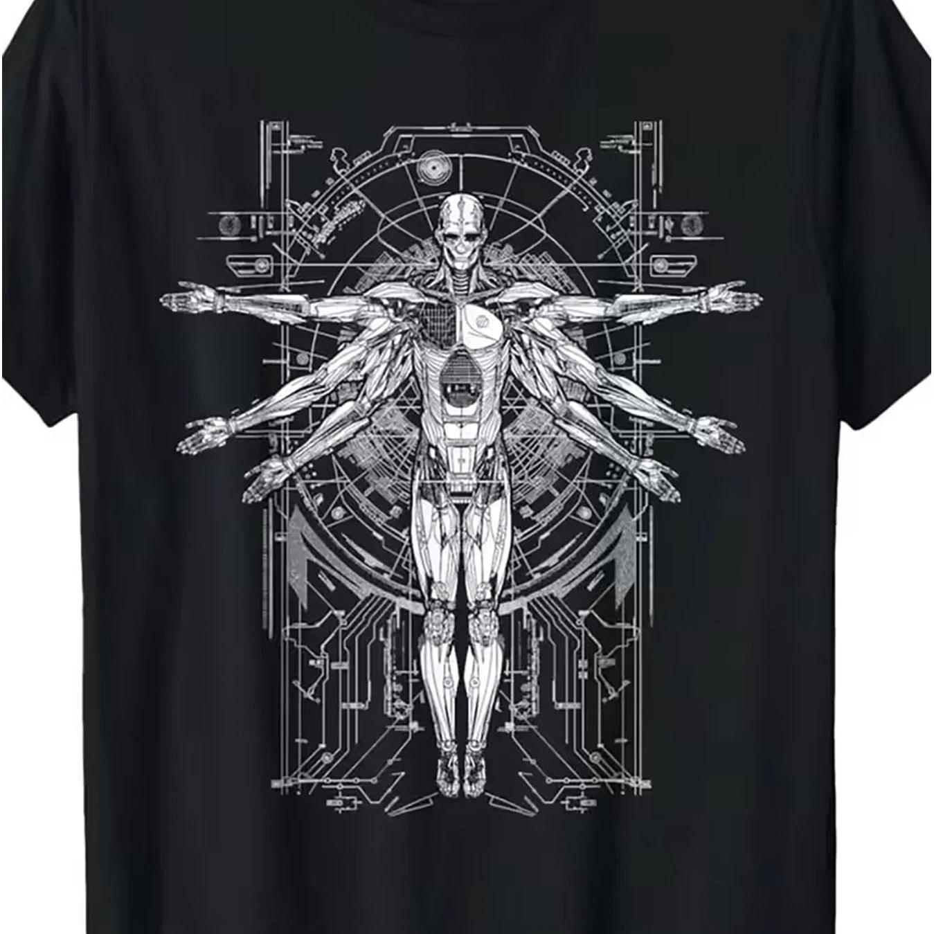 Futuristic Robot Skeleton T Shirt Cyberpunk Gear Circuit Sci Fi Graphic Tee L