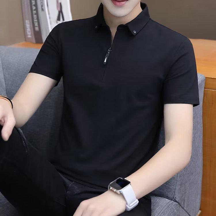 Harajuku 2024 New Men's Summer Solid Color Polo Shirt - Five-Point Sleeve, Trendy Japanese Youth Style