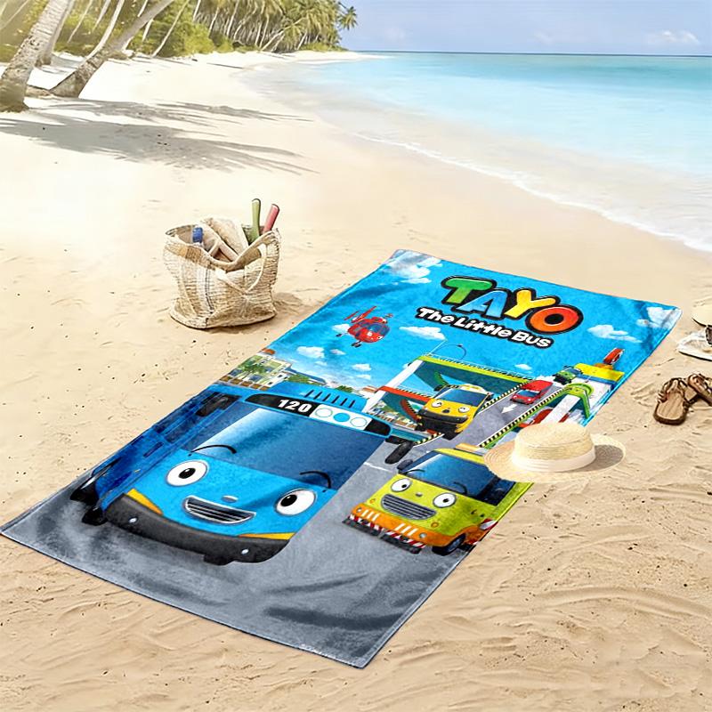 Serviette de Plage Imprimée Tayo le Petit Bus, Grande Serviette Douce à Séchage Rapide pour Plage Camping Natation