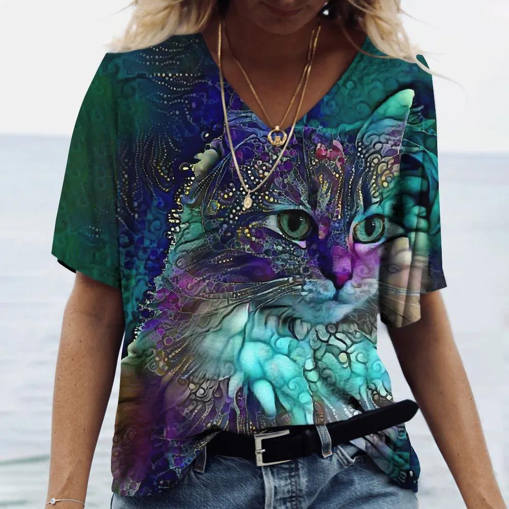 V Neck Tshirt Streetwear Y2k Clothes Women Summer Casual Oversize Dazzle Color Cats Print Shirt Short Sleeve Top Vintage Female