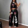 Trendige Marke Streetstyle Kontrastfarben Bedruckte Weste Weitbeinige Hosen Set Lässig Spice Girl Stil Dünnes Zweiteiler Set